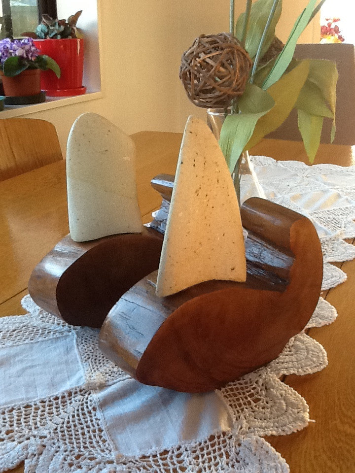 Whale Rider Book ends - kauri wood and hinuera stone